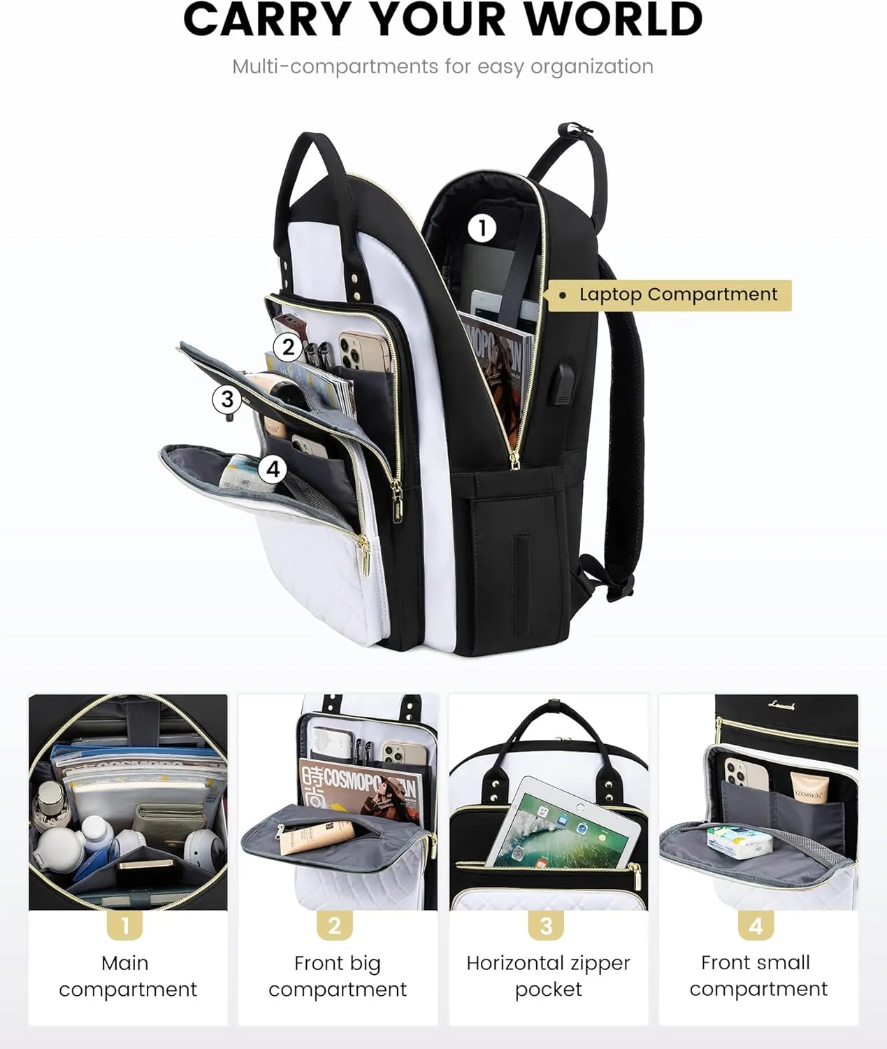 LOVEVOOK Laptop Backpack, 19 x 13.3 x 7.9 in, D-black-white, Unisex