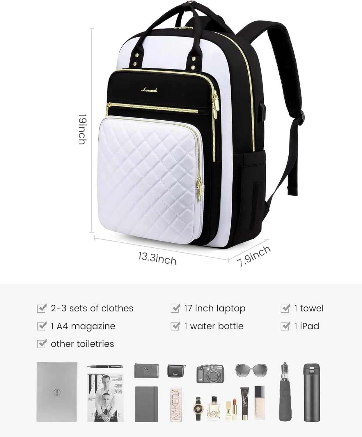 LOVEVOOK Laptop Backpack, 19 x 13.3 x 7.9 in, D-black-white, Unisex