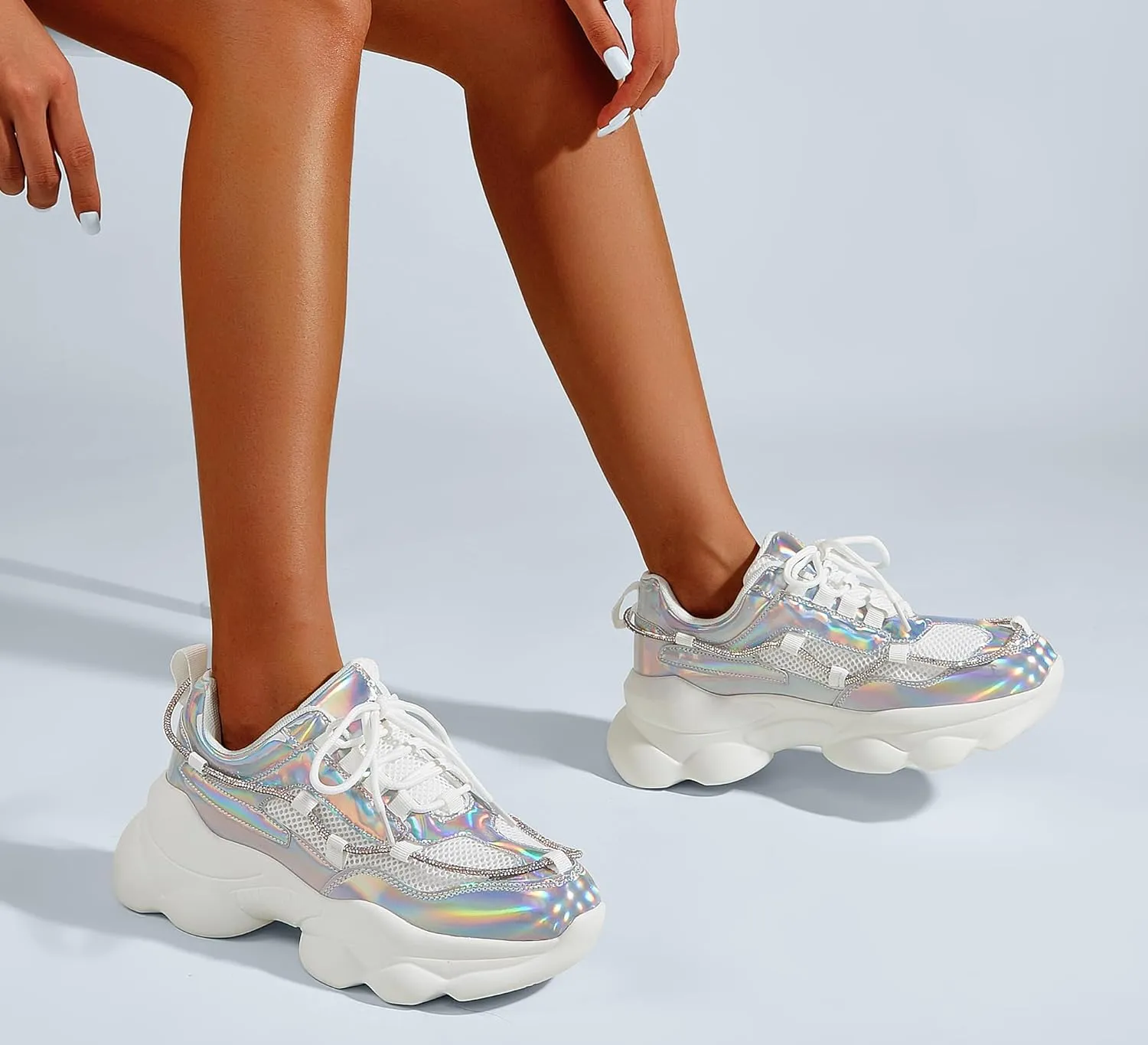 LUCKY STEP Women's 90s Chunky Sneakers Sparkly Bling Rhinestone Rope Platform Casual Thick Dad Rave Walking Shoes