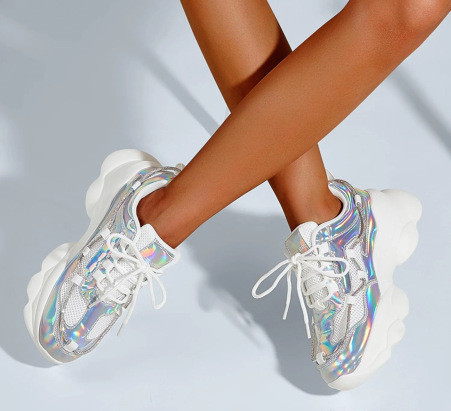LUCKY STEP Women's 90s Chunky Sneakers Sparkly Bling Rhinestone Rope Platform Casual Thick Dad Rave Walking Shoes
