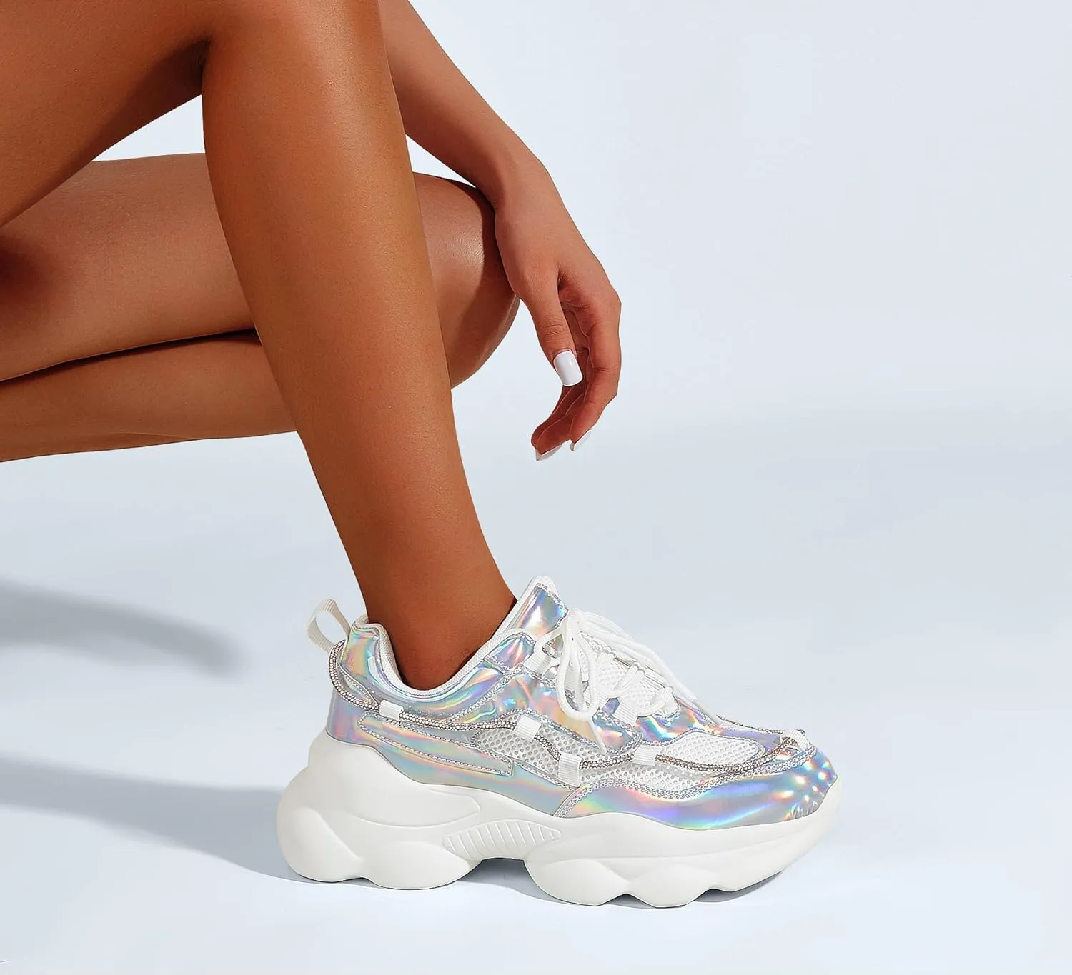 LUCKY STEP Women's 90s Chunky Sneakers Sparkly Bling Rhinestone Rope Platform Casual Thick Dad Rave Walking Shoes
