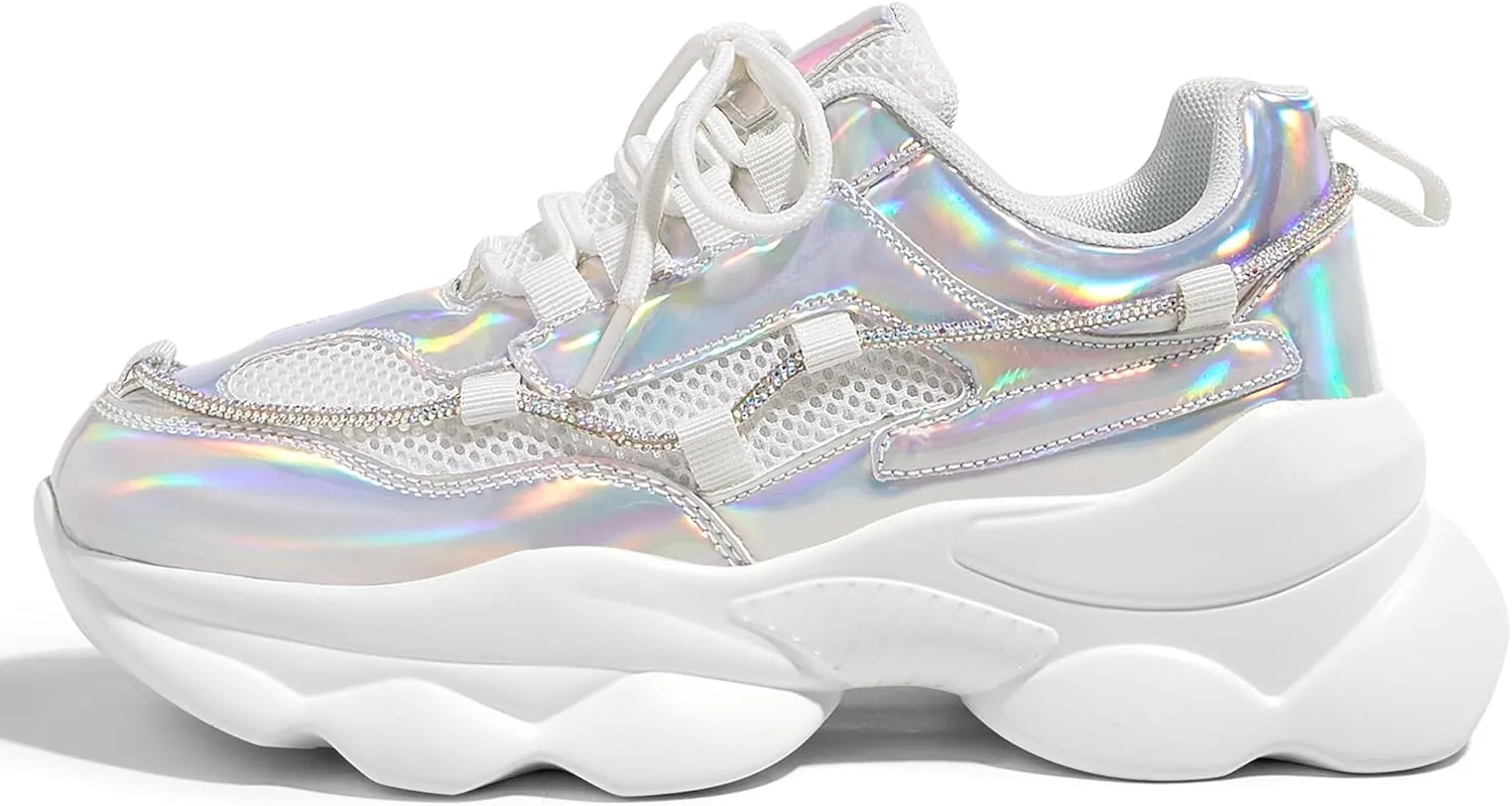 LUCKY STEP Women's 90s Chunky Sneakers Sparkly Bling Rhinestone Rope Platform Casual Thick Dad Rave Walking Shoes