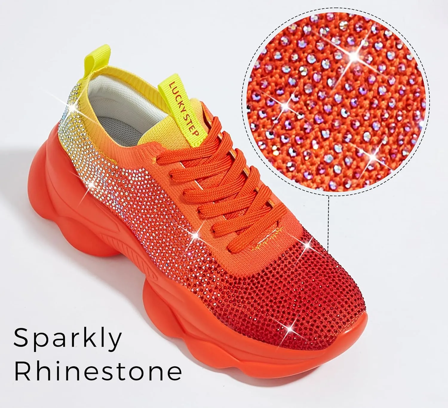 LUCKY STEP Women's Chunky Rhinestone Sneaker Sparkly Bling Bedazzled Mesh Slip on Elastic Sock Glitter Shiny Rave Walking Shoes