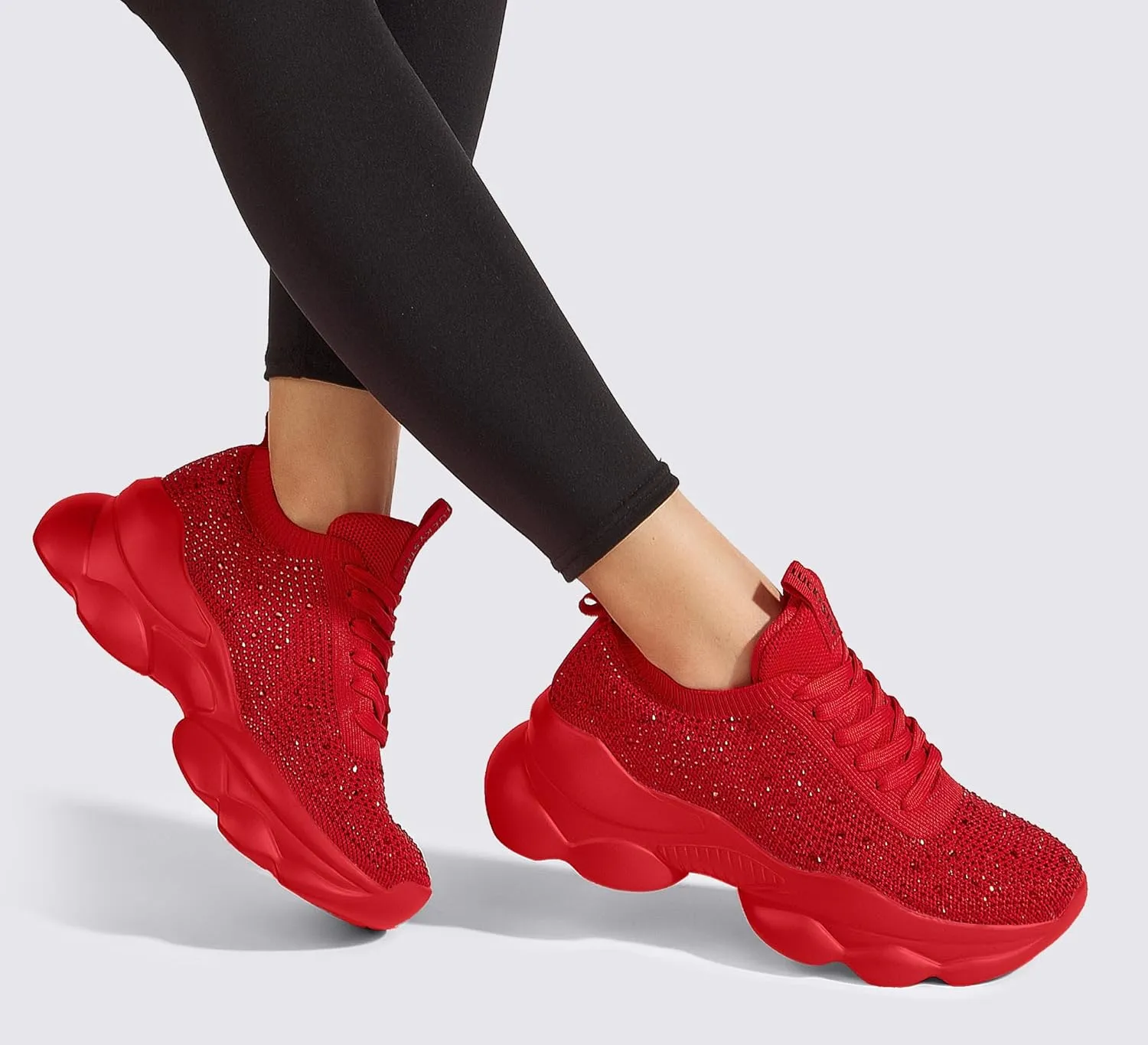 LUCKY STEP Women's Chunky Rhinestone Sneaker Sparkly Bling Bedazzled Mesh Slip on Elastic Sock Glitter Shiny Rave Walking Shoes