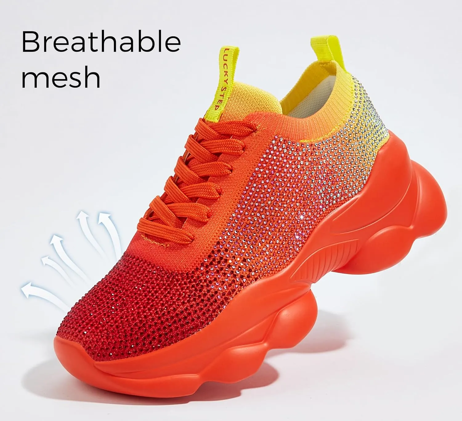 LUCKY STEP Women's Chunky Rhinestone Sneaker Sparkly Bling Bedazzled Mesh Slip on Elastic Sock Glitter Shiny Rave Walking Shoes