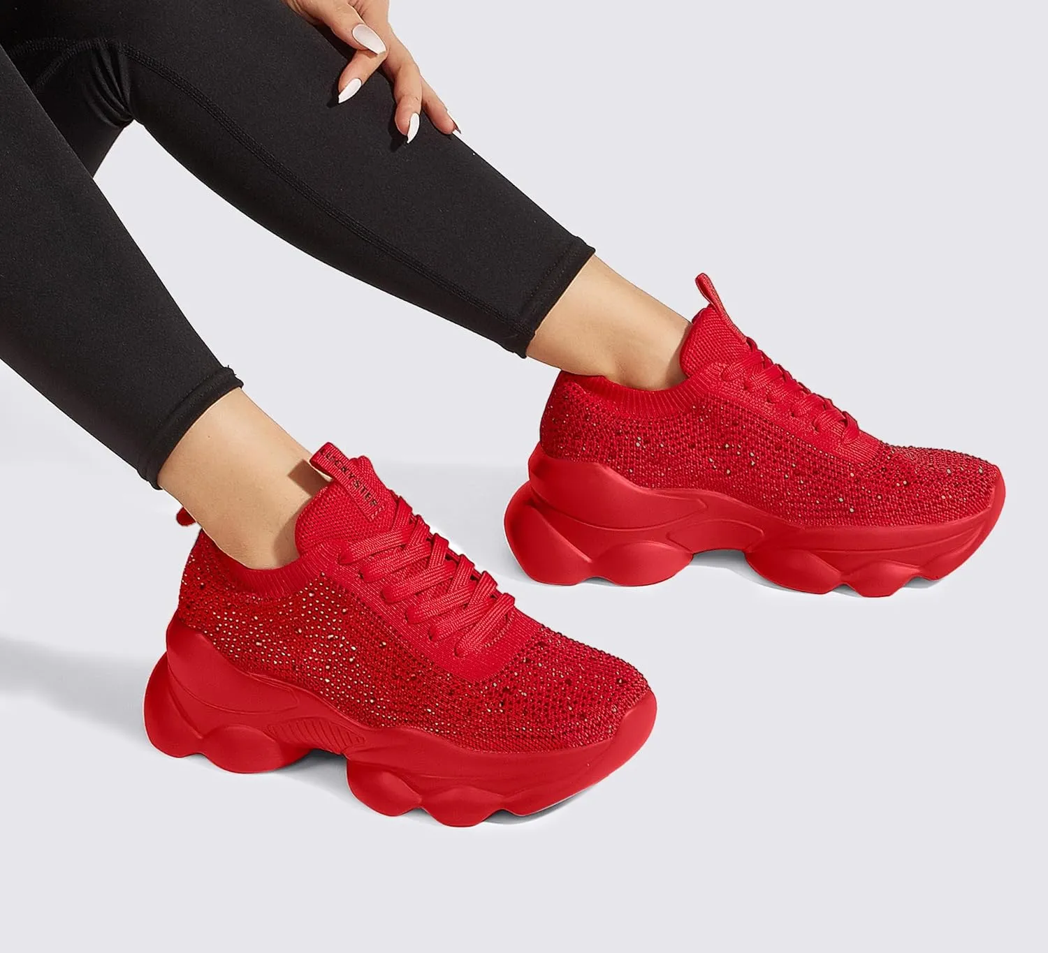 LUCKY STEP Women's Chunky Rhinestone Sneaker Sparkly Bling Bedazzled Mesh Slip on Elastic Sock Glitter Shiny Rave Walking Shoes
