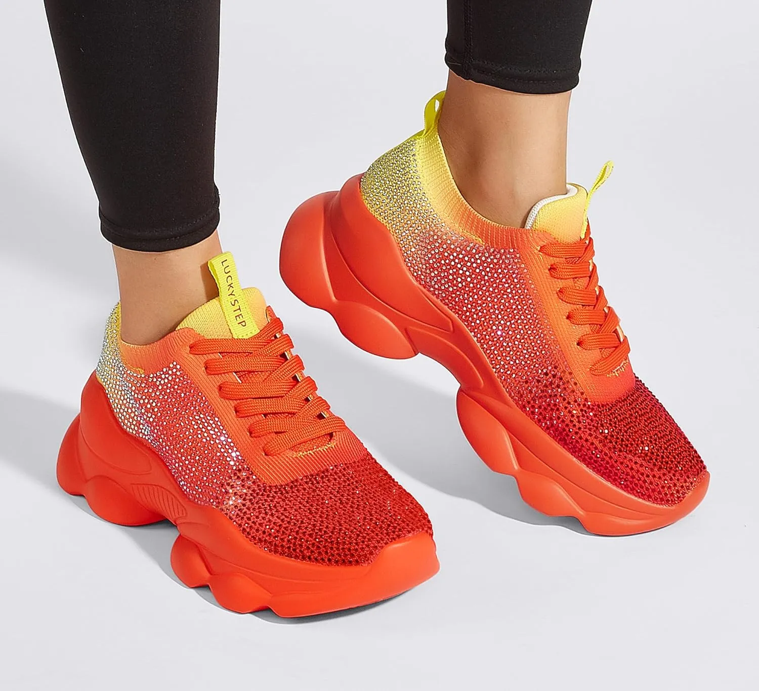 LUCKY STEP Women's Chunky Rhinestone Sneaker Sparkly Bling Bedazzled Mesh Slip on Elastic Sock Glitter Shiny Rave Walking Shoes