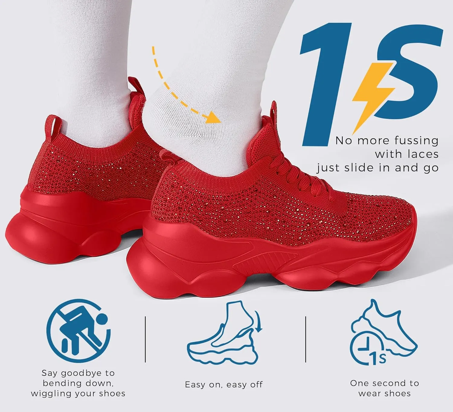 LUCKY STEP Women's Chunky Rhinestone Sneaker Sparkly Bling Bedazzled Mesh Slip on Elastic Sock Glitter Shiny Rave Walking Shoes