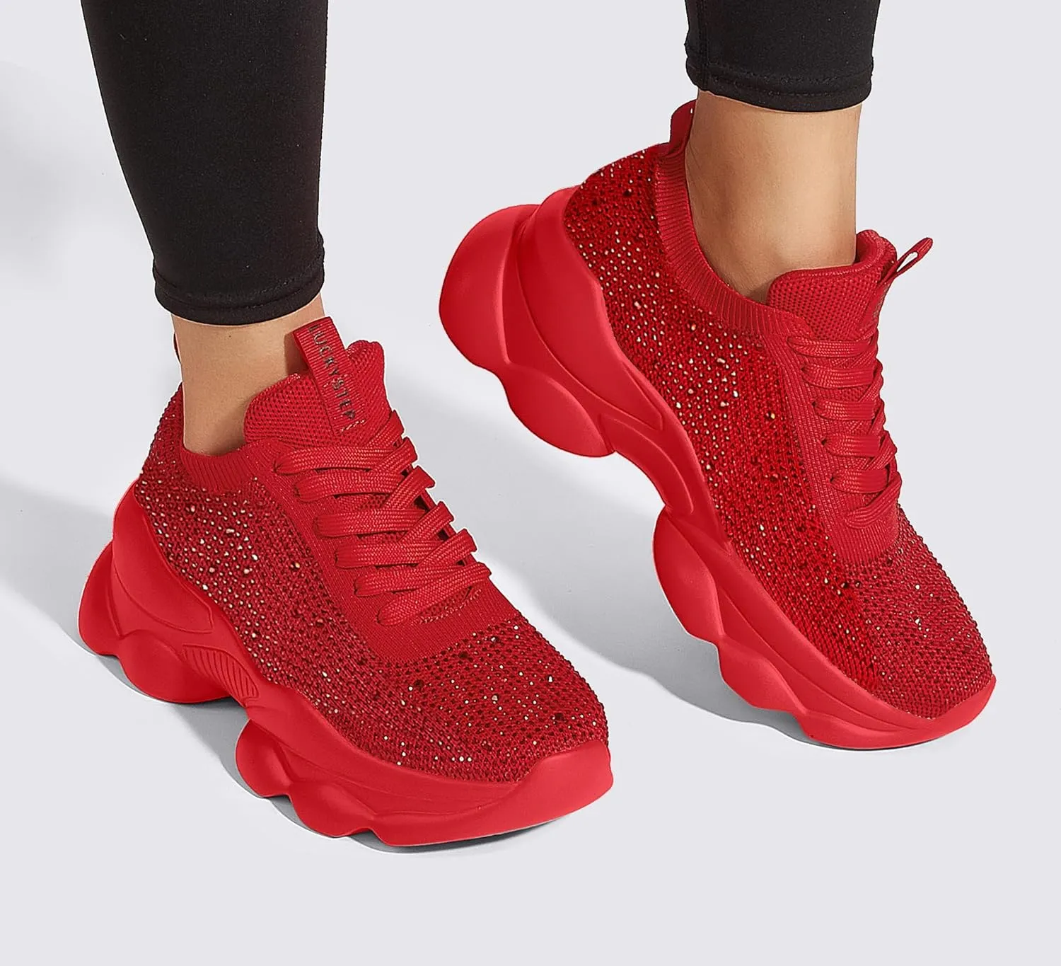 LUCKY STEP Women's Chunky Rhinestone Sneaker Sparkly Bling Bedazzled Mesh Slip on Elastic Sock Glitter Shiny Rave Walking Shoes
