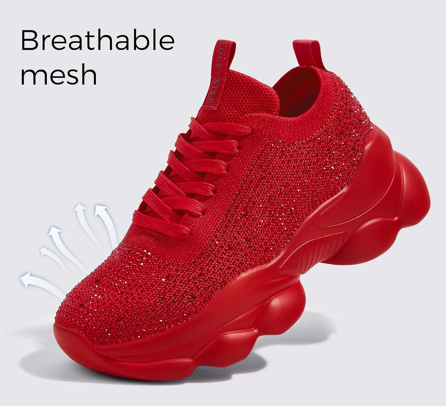 LUCKY STEP Women's Chunky Rhinestone Sneaker Sparkly Bling Bedazzled Mesh Slip on Elastic Sock Glitter Shiny Rave Walking Shoes