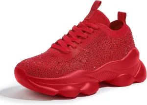 LUCKY STEP Women's Chunky Rhinestone Sneaker Sparkly Bling Bedazzled Mesh Slip on Elastic Sock Glitter Shiny Rave Walking Shoes