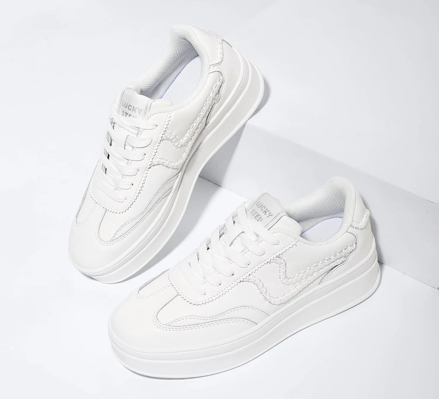 LUCKY STEP Women's Platform Fashion Sneakers Thick Sole Suede Genuine Leather Classic Rubber Gum Sole Low Top Casual Walking Shoes