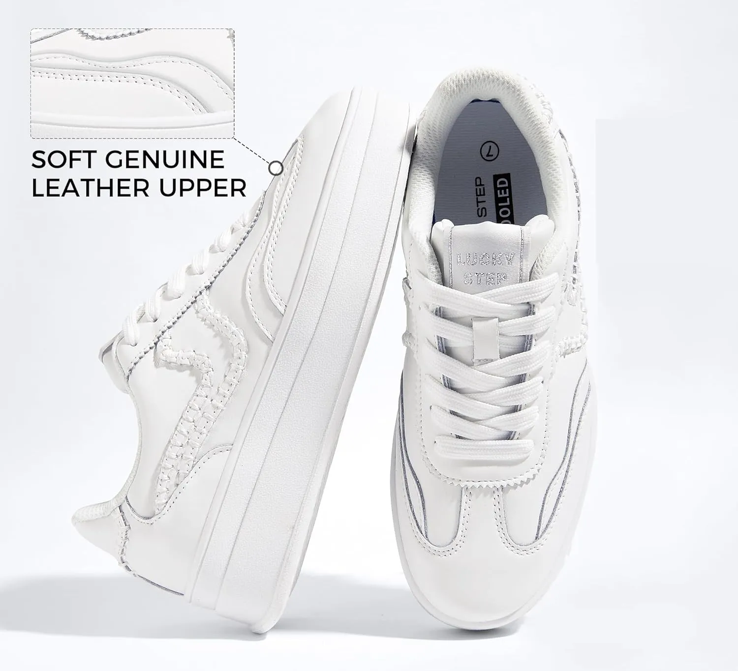 LUCKY STEP Women's Platform Fashion Sneakers Thick Sole Suede Genuine Leather Classic Rubber Gum Sole Low Top Casual Walking Shoes