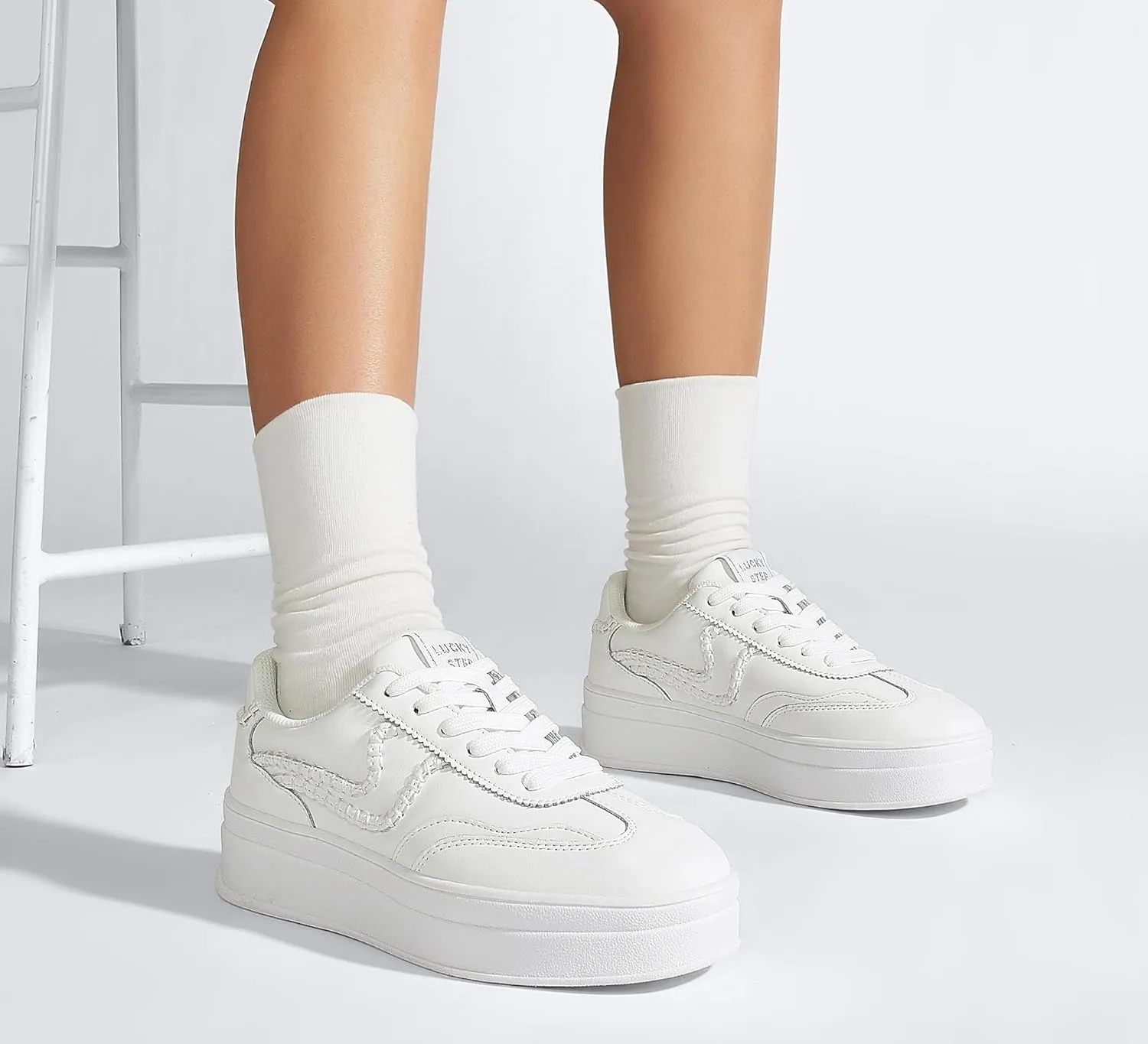 LUCKY STEP Women's Platform Fashion Sneakers Thick Sole Suede Genuine Leather Classic Rubber Gum Sole Low Top Casual Walking Shoes
