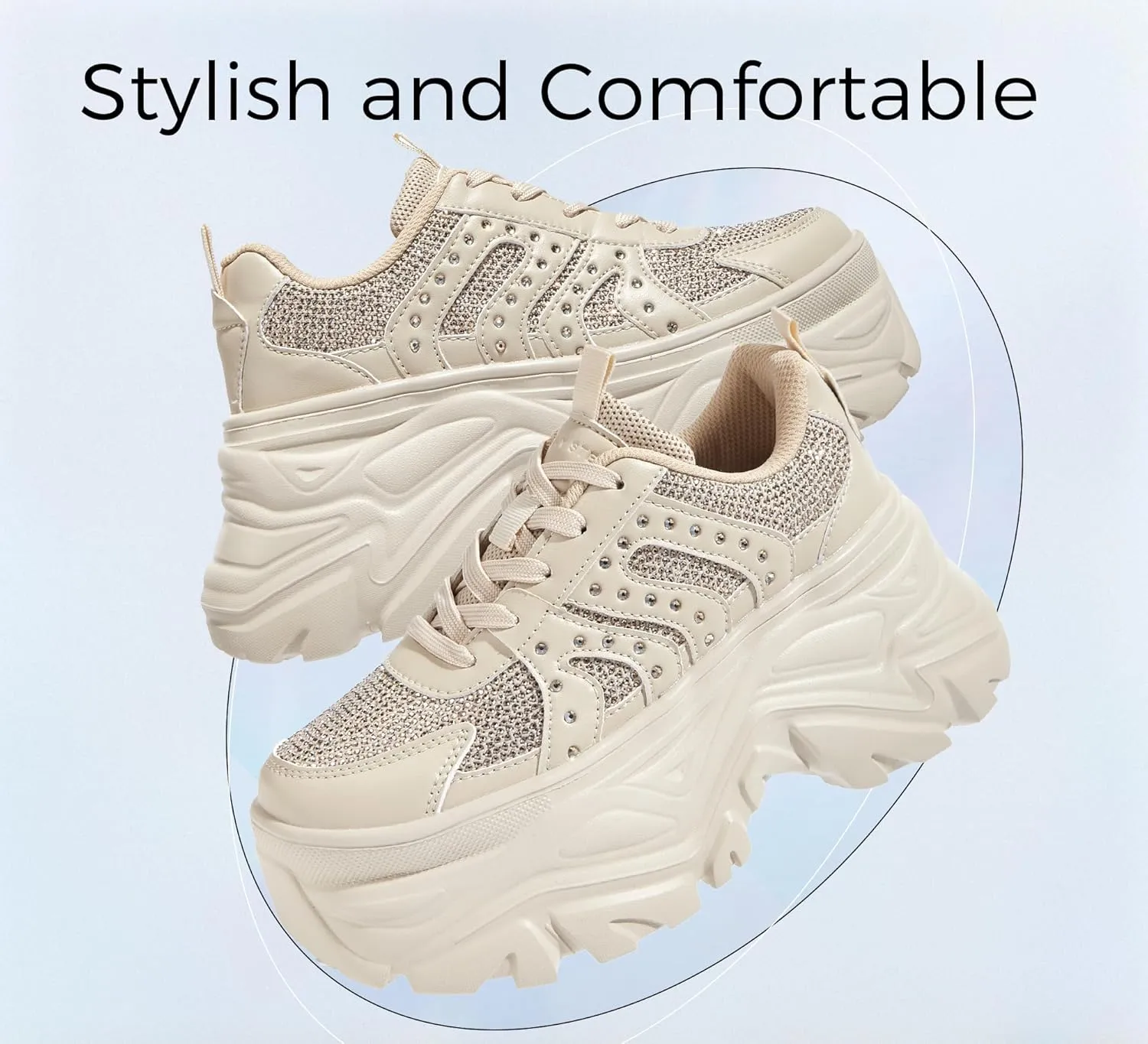 LUCKY STEP Women's Rhinestone Chunky Sneakers Breathable Lace-Up Platform Walking Sneakers Fashion Casual Dad Shoes