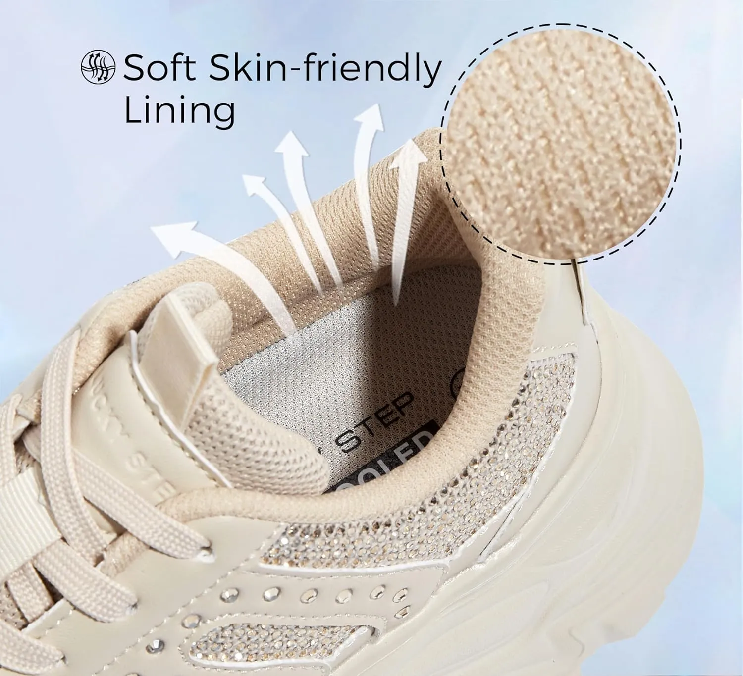 LUCKY STEP Women's Rhinestone Chunky Sneakers Breathable Lace-Up Platform Walking Sneakers Fashion Casual Dad Shoes