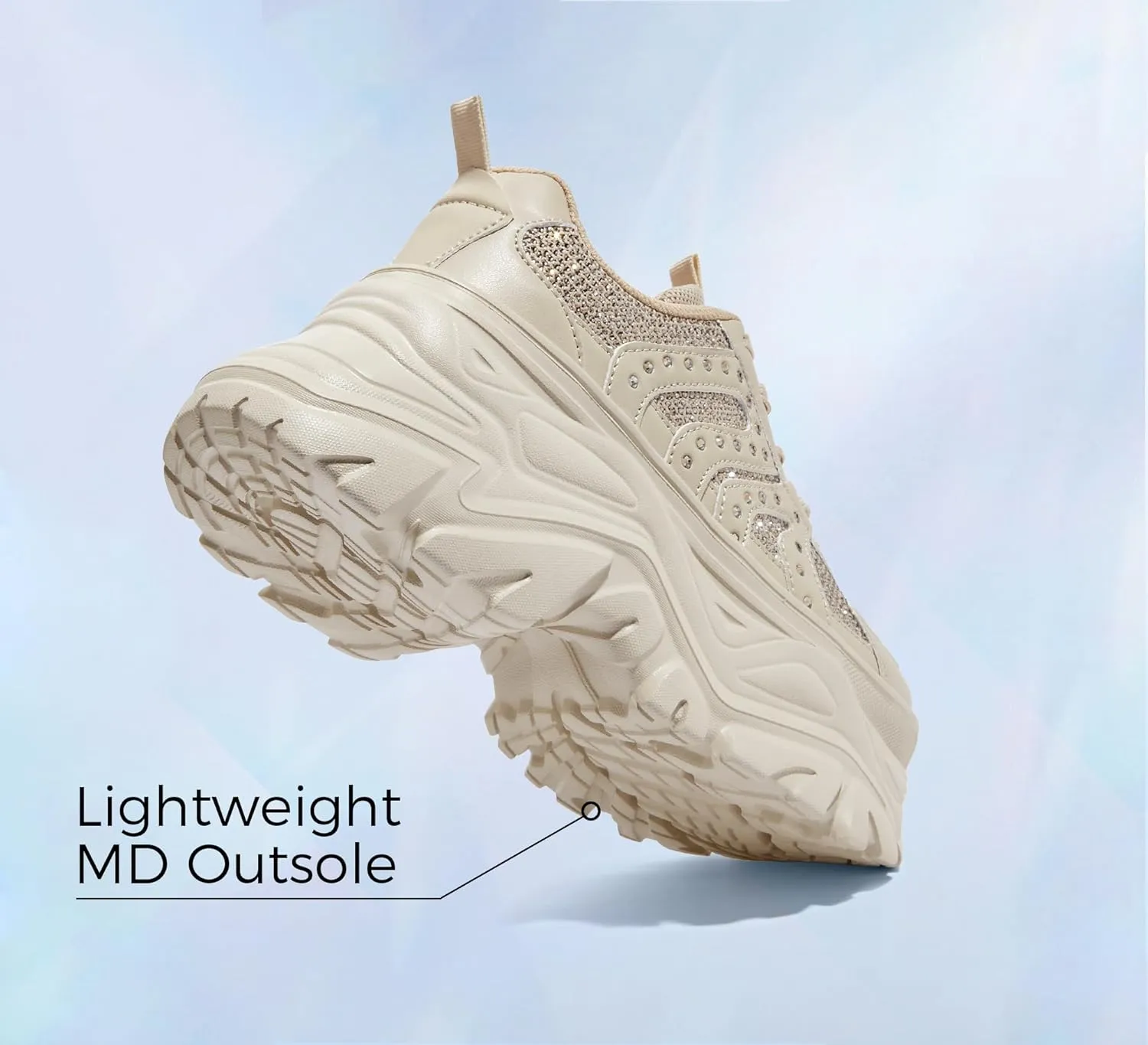 LUCKY STEP Women's Rhinestone Chunky Sneakers Breathable Lace-Up Platform Walking Sneakers Fashion Casual Dad Shoes