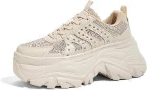 LUCKY STEP Women's Rhinestone Chunky Sneakers Breathable Lace-Up Platform Walking Sneakers Fashion Casual Dad Shoes