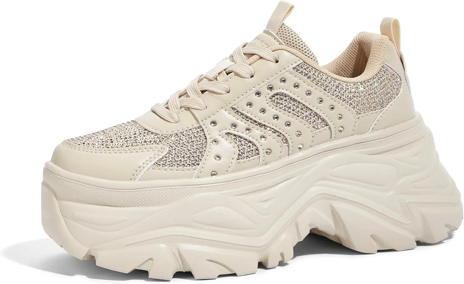 LUCKY STEP Women's Rhinestone Chunky Sneakers Breathable Lace-Up Platform Walking Sneakers Fashion Casual Dad Shoes