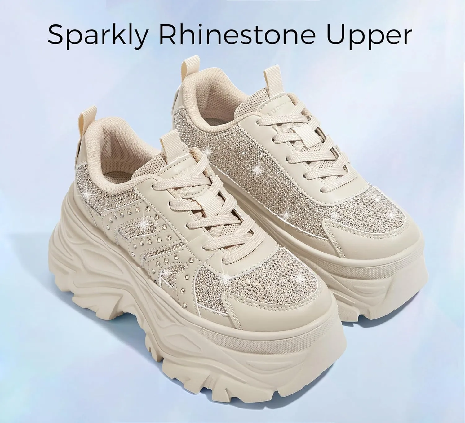 LUCKY STEP Women's Rhinestone Chunky Sneakers Breathable Lace-Up Platform Walking Sneakers Fashion Casual Dad Shoes