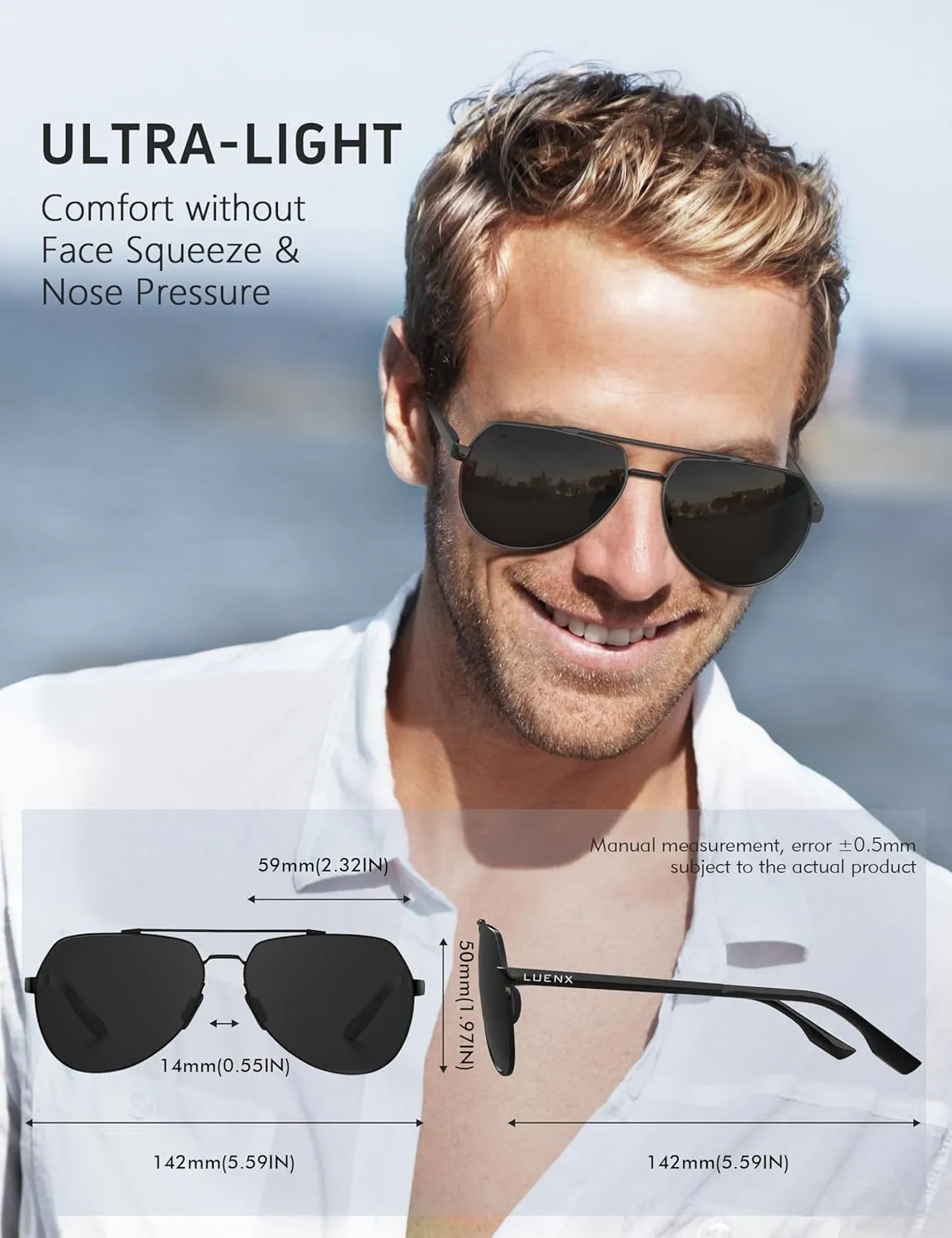 LUENX Aviator Sunglasses for Men Women Polarized New Shades Large Metal Frame - UV 400 Protection