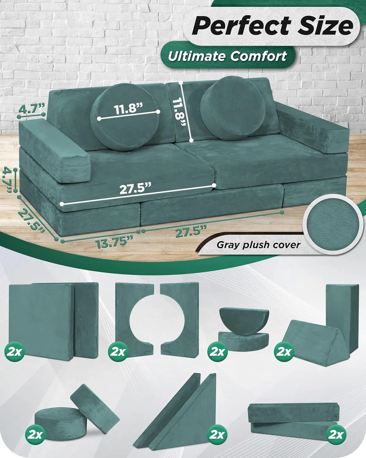 Lunix LX15 14pcs Modular Kids Play Couch, Child Sectional Sofa, Fortplay Bedroom and Playroom Furniture for Toddlers, Convertible Foam and Floor Cushion for Boys and Girls, Teal Blue