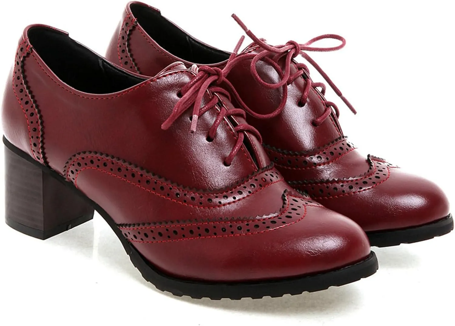 LUXMAX Womens Plaid Lace Up Wingtip Oxfords Brogues Shoes Stacked Block Heel Pumps