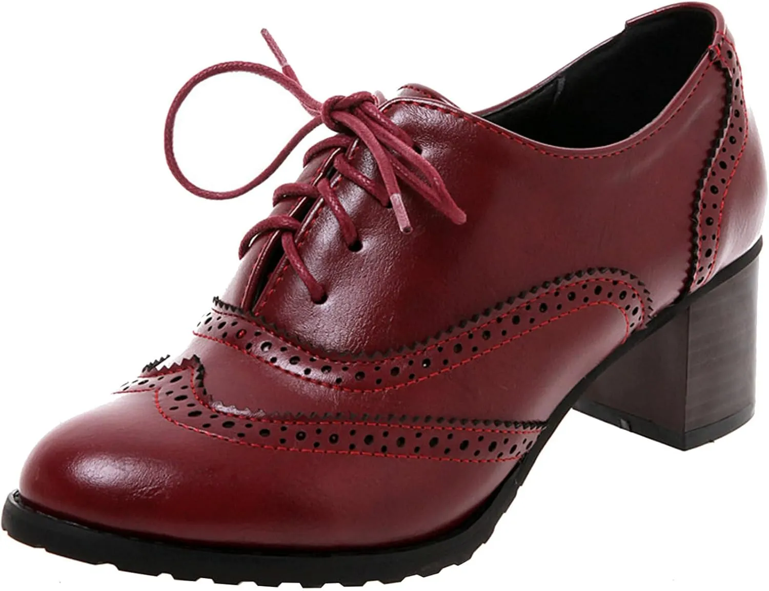 LUXMAX Womens Plaid Lace Up Wingtip Oxfords Brogues Shoes Stacked Block Heel Pumps