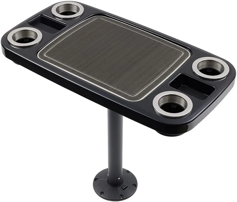 Manufacturers' Select ITC Boat Table Set - 18"x34" Removable Pontoon Boat Table with Center Non-Slip Mat, Pedestal Leg, 4 Drink Holders, & 2 Phone Stands (Glossy Black, Black Leg, Charcoal Grey Mat)