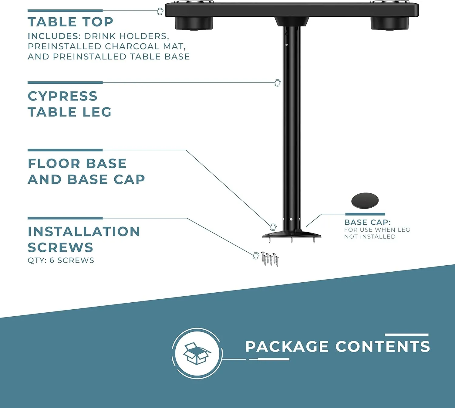 Manufacturers' Select ITC Boat Table Set - 18"x34" Removable Pontoon Boat Table with Center Non-Slip Mat, Pedestal Leg, 4 Drink Holders, & 2 Phone Stands (Glossy Black, Black Leg, Charcoal Grey Mat)