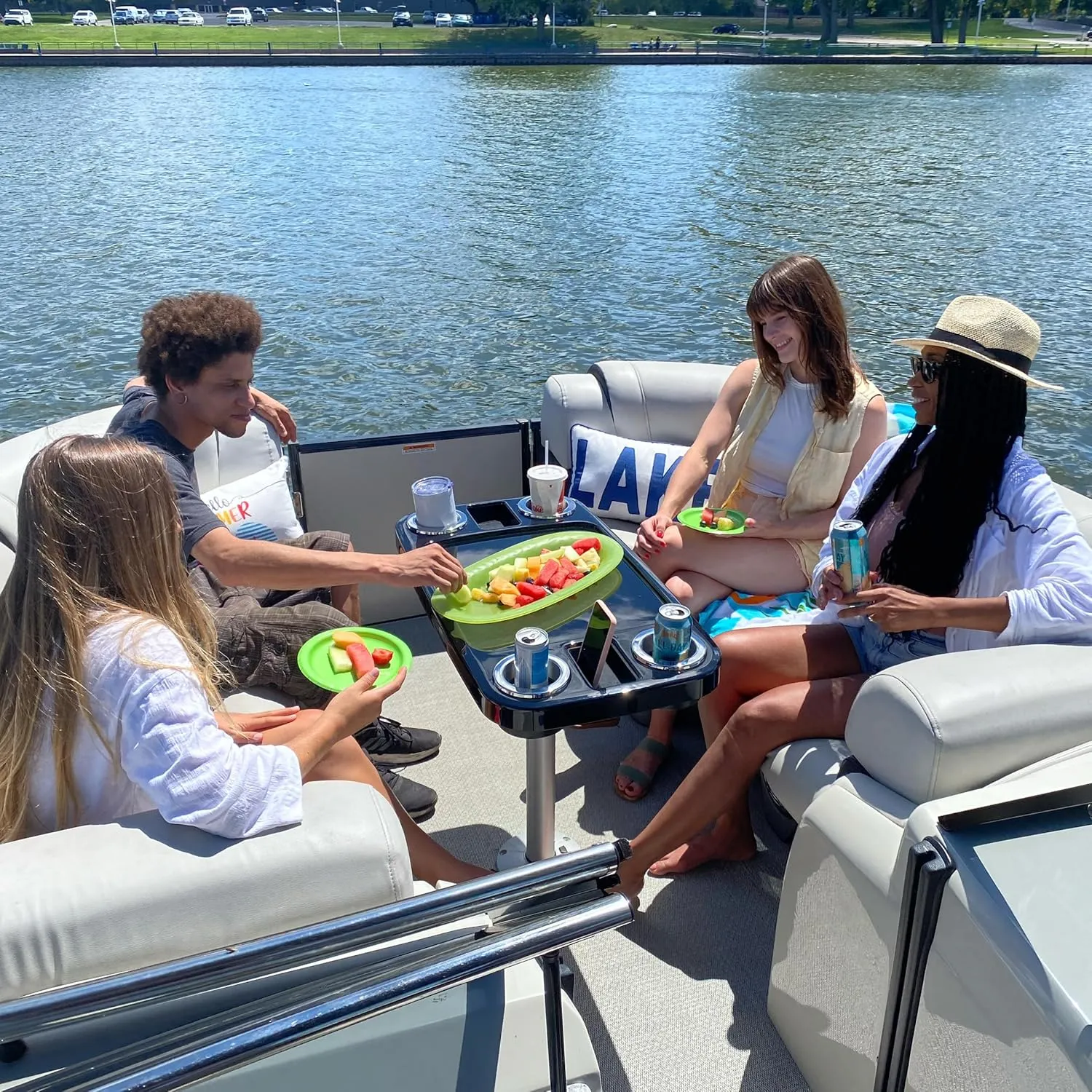 Manufacturers' Select ITC Boat Table Set - 18"x34" Removable Pontoon Boat Table with Center Non-Slip Mat, Pedestal Leg, 4 Drink Holders, & 2 Phone Stands (Glossy Black, Black Leg, Charcoal Grey Mat)