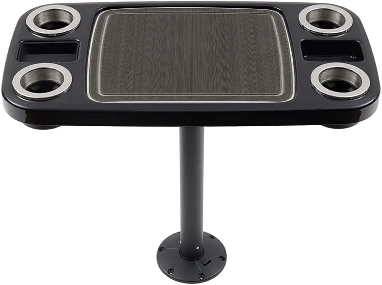 Manufacturers' Select ITC Boat Table Set - 18"x34" Removable Pontoon Boat Table with Center Non-Slip Mat, Pedestal Leg, 4 Drink Holders, & 2 Phone Stands (Glossy Black, Black Leg, Charcoal Grey Mat)
