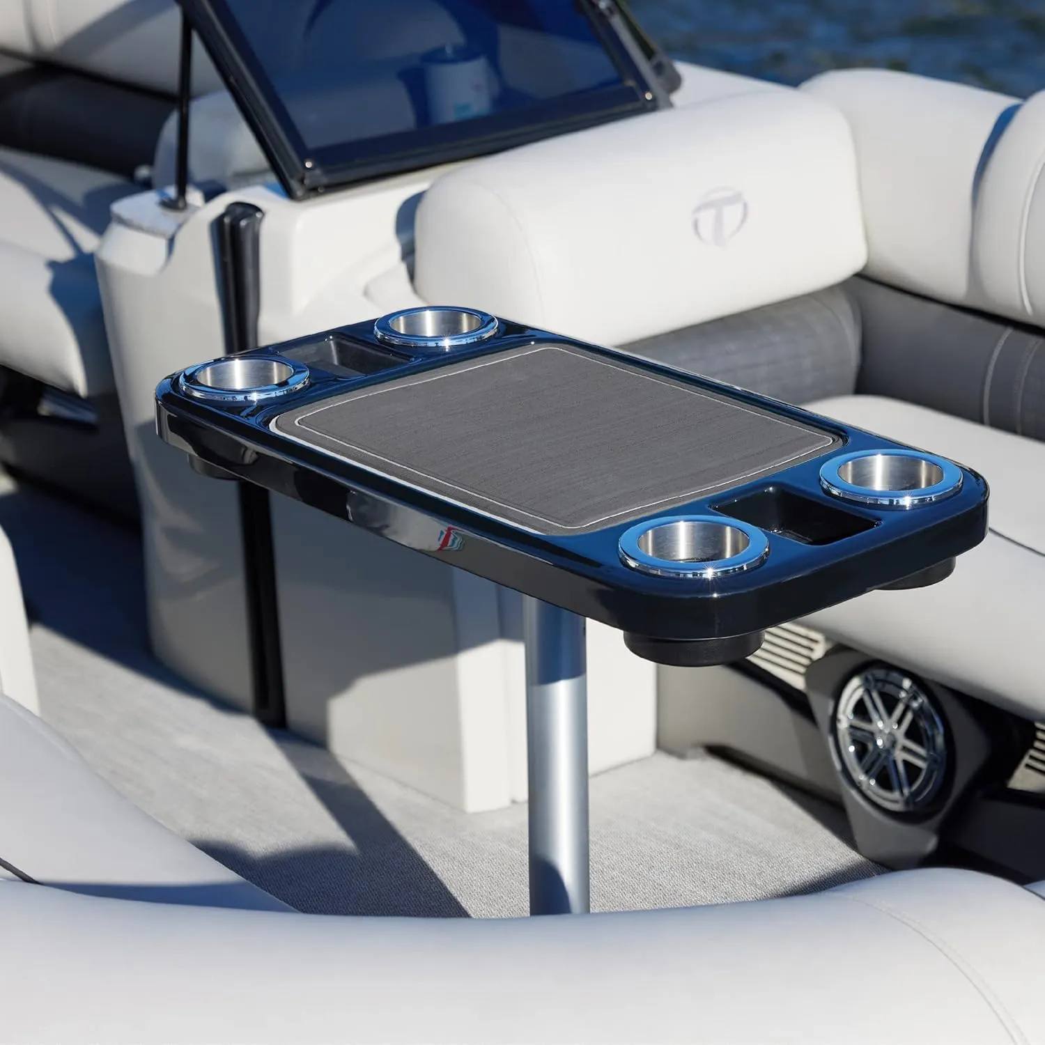 Manufacturers' Select ITC Boat Table Set - 18"x34" Removable Pontoon Boat Table with Center Non-Slip Mat, Pedestal Leg, 4 Drink Holders, & 2 Phone Stands (Glossy Black, Black Leg, Charcoal Grey Mat)