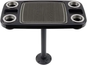 Manufacturers' Select ITC Boat Table Set - 18"x34" Removable Pontoon Boat Table with Center Non-Slip Mat, Pedestal Leg, 4 Drink Holders, & 2 Phone Stands (Glossy Black, Black Leg, Charcoal Grey Mat)
