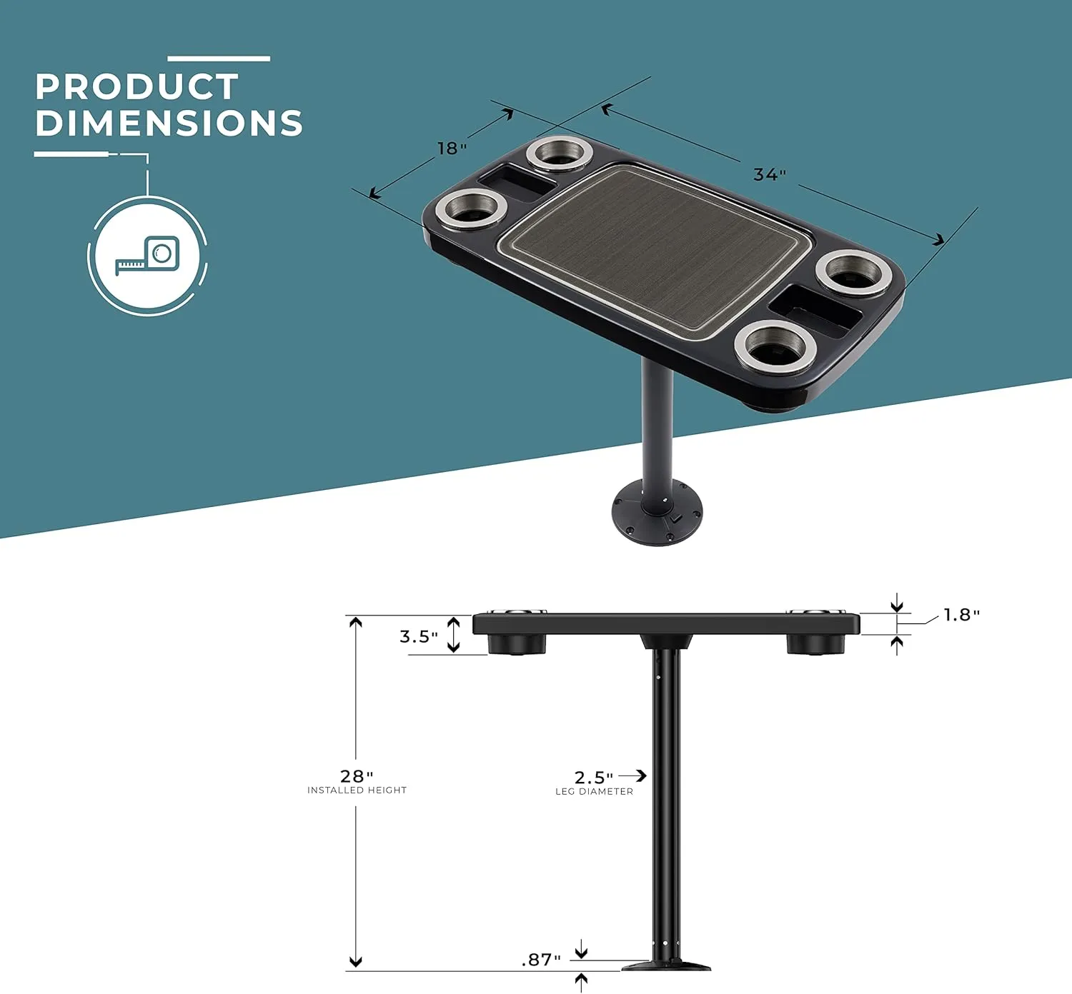 Manufacturers' Select ITC Boat Table Set - 18"x34" Removable Pontoon Boat Table with Center Non-Slip Mat, Pedestal Leg, 4 Drink Holders, & 2 Phone Stands (Glossy Black, Black Leg, Charcoal Grey Mat)