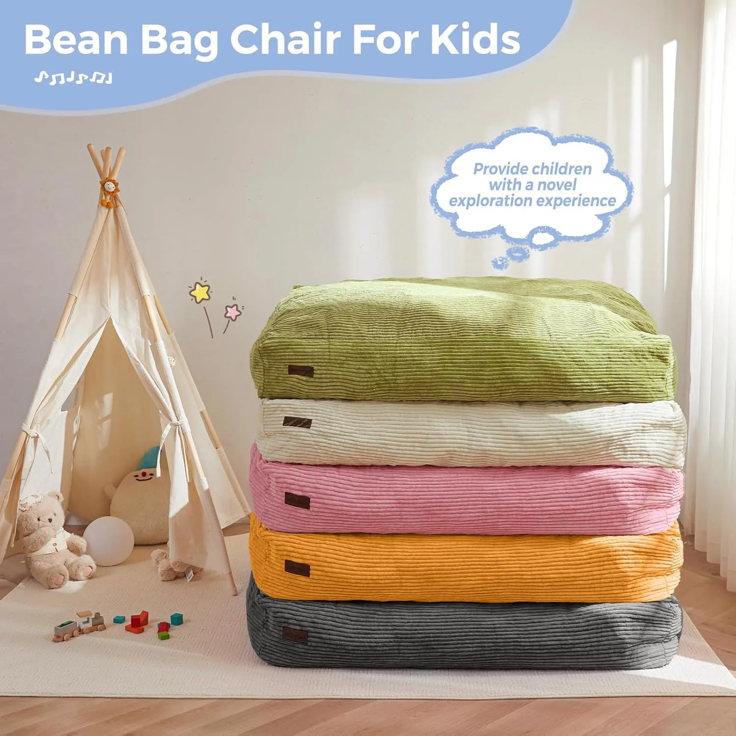 MAXYOYO Bean Bag Chair Bed for Kids, Convertible Bean Bag Folds from Lazy Chair to Floor Mattress Bed, Machine Washable Corded Fabric, Stuffed Floor Sofa Couch for Boys and Girls, Beige