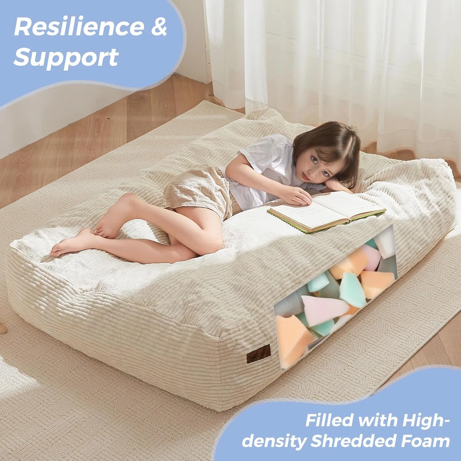 MAXYOYO Bean Bag Chair Bed for Kids, Convertible Bean Bag Folds from Lazy Chair to Floor Mattress Bed, Machine Washable Corded Fabric, Stuffed Floor Sofa Couch for Boys and Girls, Beige