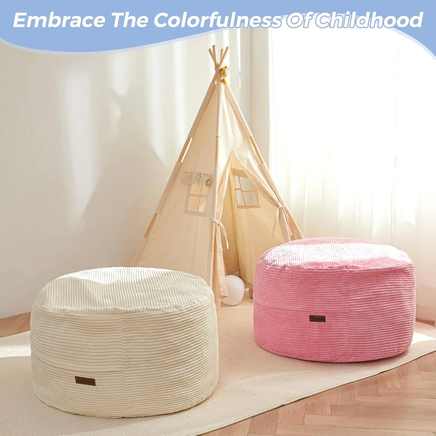 MAXYOYO Bean Bag Chair Bed for Kids, Convertible Bean Bag Folds from Lazy Chair to Floor Mattress Bed, Machine Washable Corded Fabric, Stuffed Floor Sofa Couch for Boys and Girls, Beige