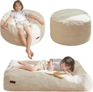 MAXYOYO Bean Bag Chair Bed for Kids, Convertible Bean Bag Folds from Lazy Chair to Floor Mattress Bed, Machine Washable Corded Fabric, Stuffed Floor Sofa Couch for Boys and Girls, Beige