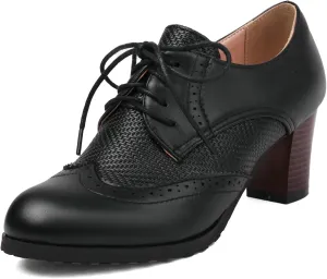 Meefit Women Lace Up Oxford Shoes Perforated Wingtip Shoes Chunky Heel Brogue Shoes,Round Toe Saddle Oxford Shoes