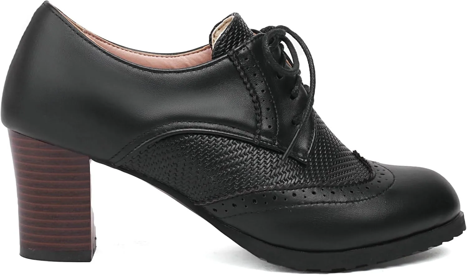 Meefit Women Lace Up Oxford Shoes Perforated Wingtip Shoes Chunky Heel Brogue Shoes,Round Toe Saddle Oxford Shoes