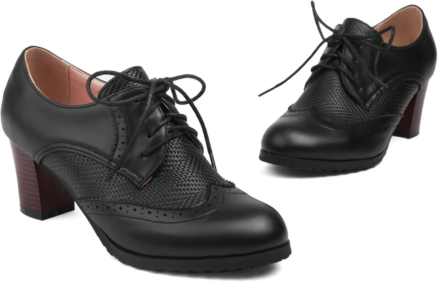 Meefit Women Lace Up Oxford Shoes Perforated Wingtip Shoes Chunky Heel Brogue Shoes,Round Toe Saddle Oxford Shoes