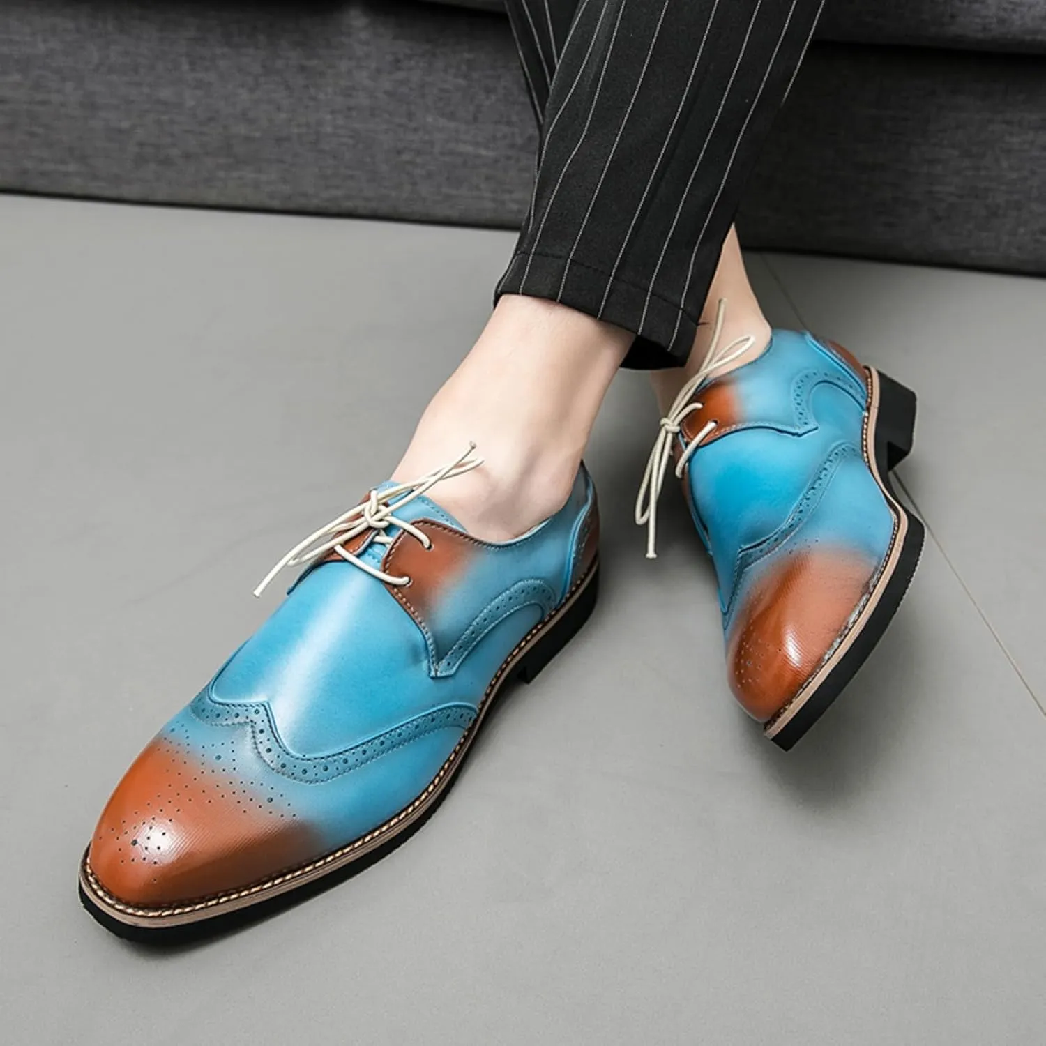Men Oxford Dress Shoes Gradient - Color Brogues Wing Tips Lace Up Patchwork Two Tone Color Matching Punched Round Toe