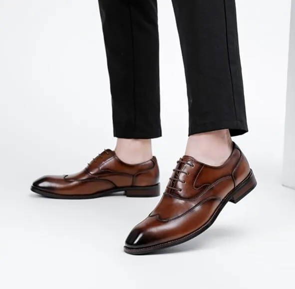 Mens Brogue Oxford Shoes Breathable Business Casual Lace Up Tuxedo Shoes Genuine Leather Wingtip Dress Shoes for Men(Brown,10.5)