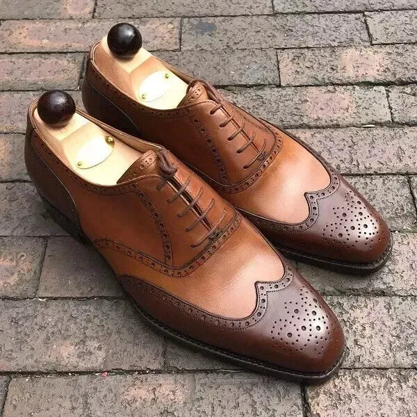 Men's Handmade Brown Leather Oxford Wingtip Brogue Lace Up Formal Shoes