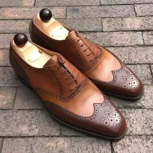 Men's Handmade Brown Leather Oxford Wingtip Brogue Lace Up Formal Shoes