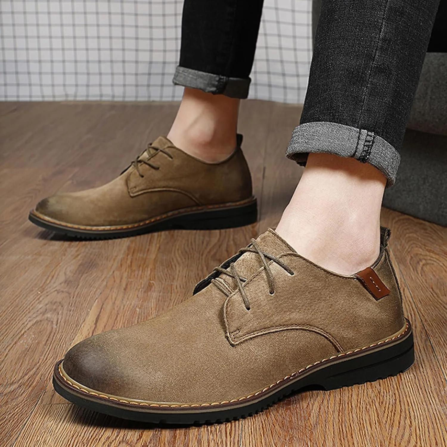 Men's Suede Lace up Low Heel Casual Oxfords Comfortable Round Toe Breathable Non Slip Derby Shoes for Work Evening Nightclubs Dress Shoes