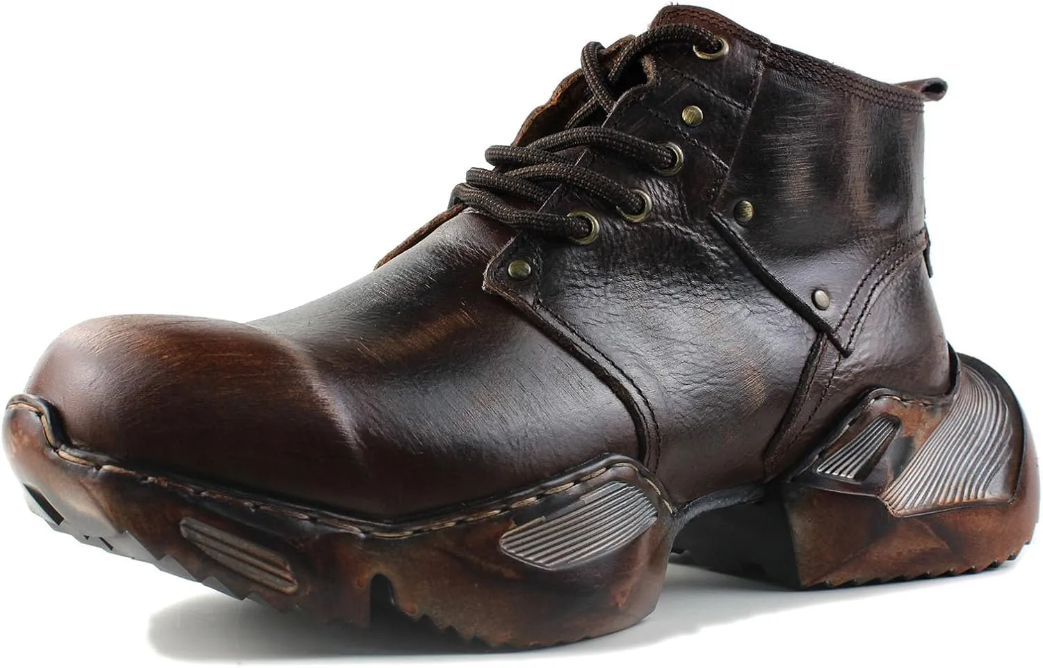 Mens Vintage Moto Boots Combat Hiking Retro Casual Shoes Cowhide Leather Ankle Chukka Boots CD-5008-S-1-Brown-Black