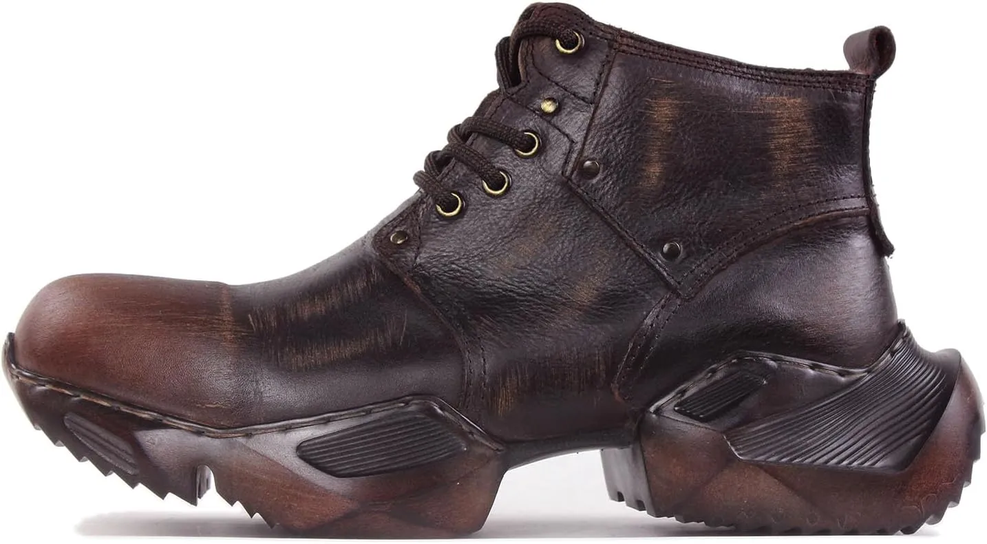 Mens Vintage Moto Boots Combat Hiking Retro Casual Shoes Cowhide Leather Ankle Chukka Boots CD-5008-S-1-Brown-Black
