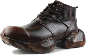 Mens Vintage Moto Boots Combat Hiking Retro Casual Shoes Cowhide Leather Ankle Chukka Boots CD-5008-S-1-Brown-Black